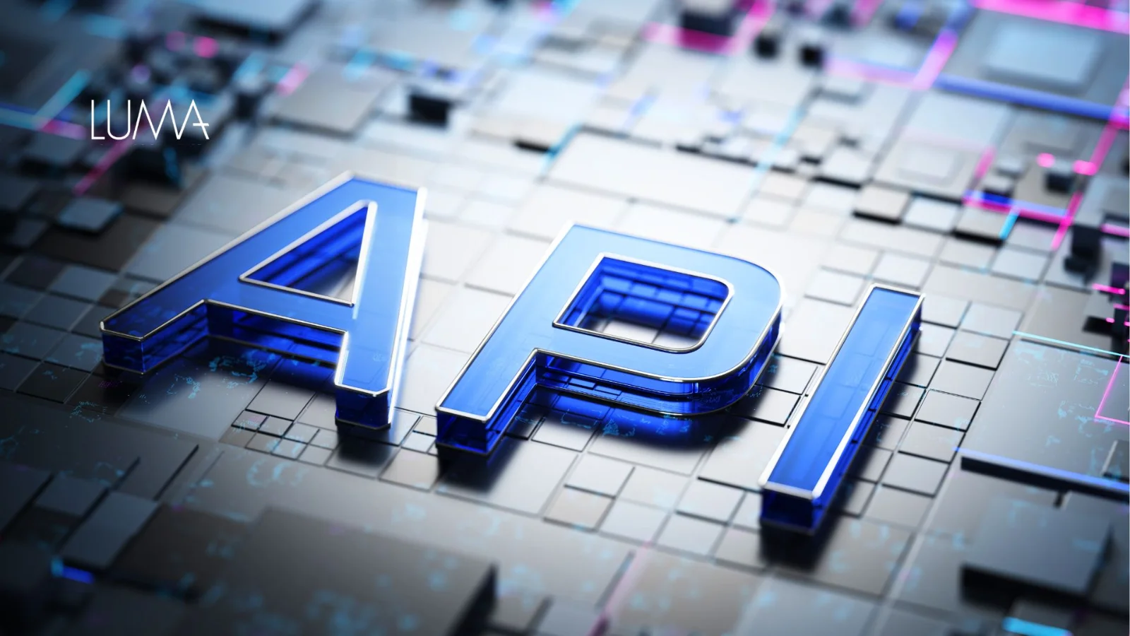 Una ilustración vectorial o fotografía de estilo tecnológico con fondo oscuro y neón, donde resalte la palabra "API" en el centro dentro de un escudo de protección digital rodeado de conexiones de red.